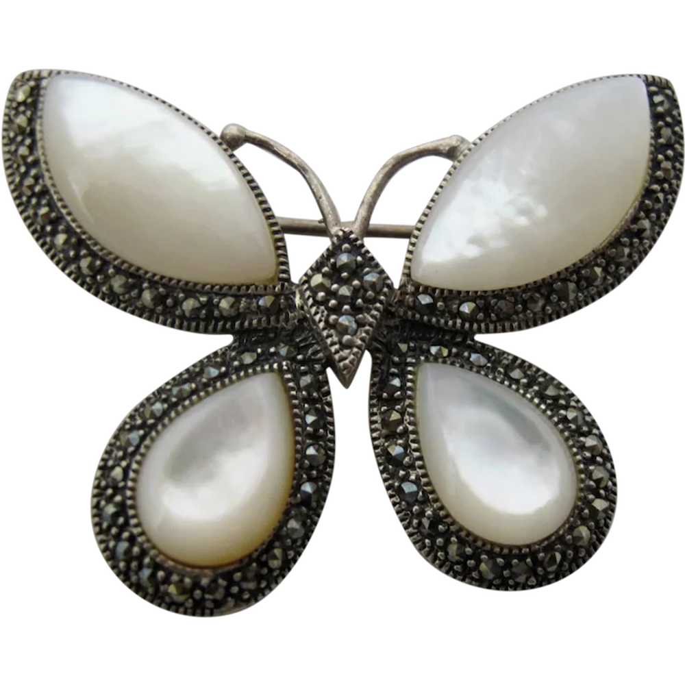 Vintage Sterling Silver Marcasite Mother Of pearl… - image 1