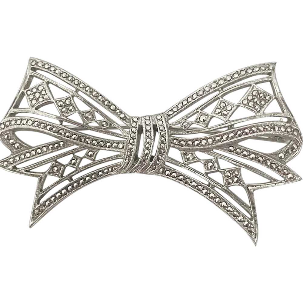 Art Deco Vintage Sterling Marcasite Bow tie Brooc… - image 1