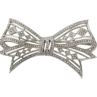 Art Deco Vintage Sterling Marcasite Bow tie Brooc… - image 1