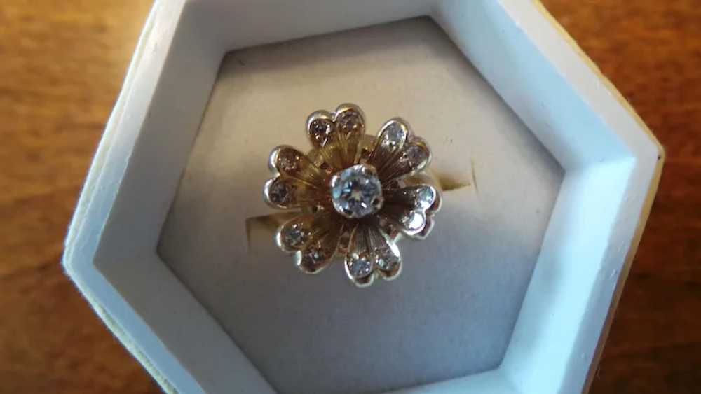 Unique Vintage Diamond 14KT YG Flower Ring - image 2