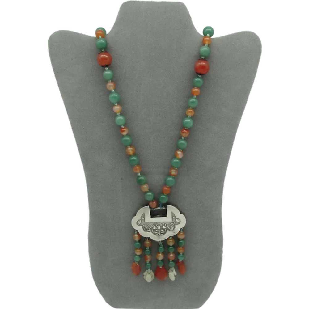 Jade and Carnelian Bead Necklace With Ornate Asia… - image 1