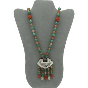 Jade and Carnelian Bead Necklace With Ornate Asia… - image 1