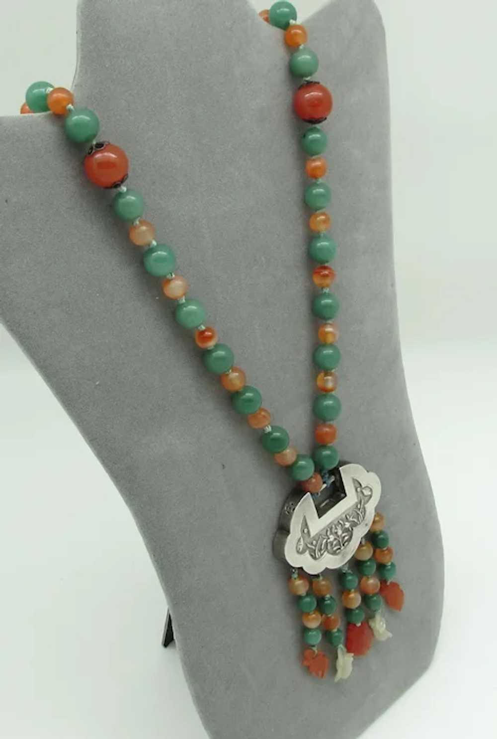 Jade and Carnelian Bead Necklace With Ornate Asia… - image 2