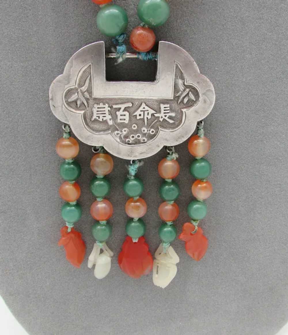 Jade and Carnelian Bead Necklace With Ornate Asia… - image 4