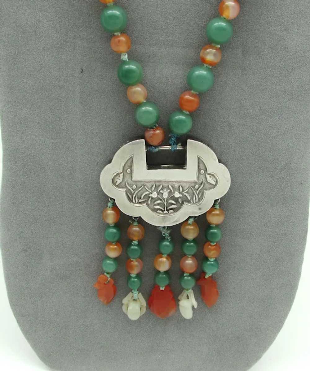 Jade and Carnelian Bead Necklace With Ornate Asia… - image 5