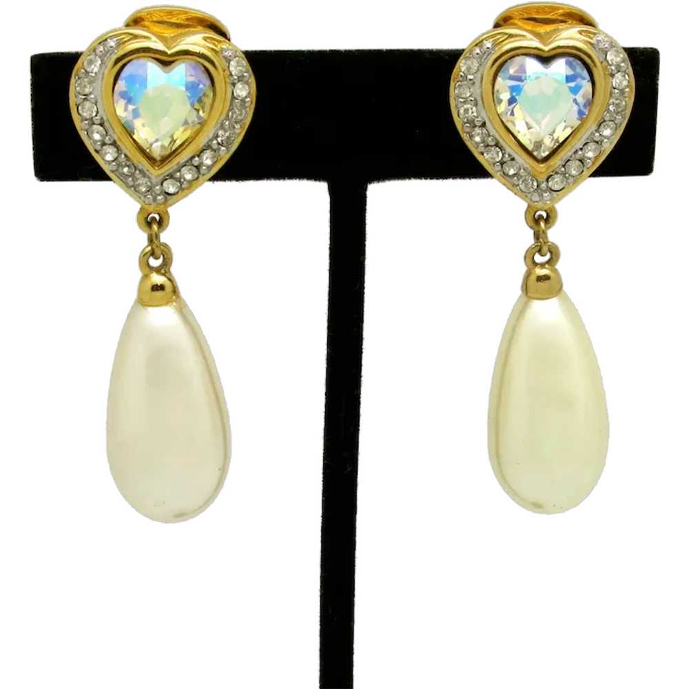 Heart Earrings with Rhinestones and Imitation Pea… - image 1