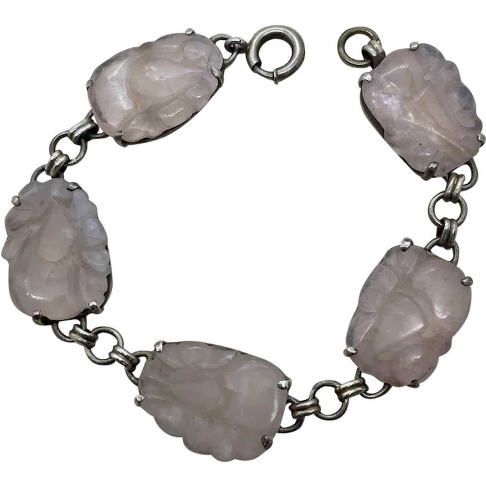 Carved Rose Quartz Sterling Silver Bracelet - image 1