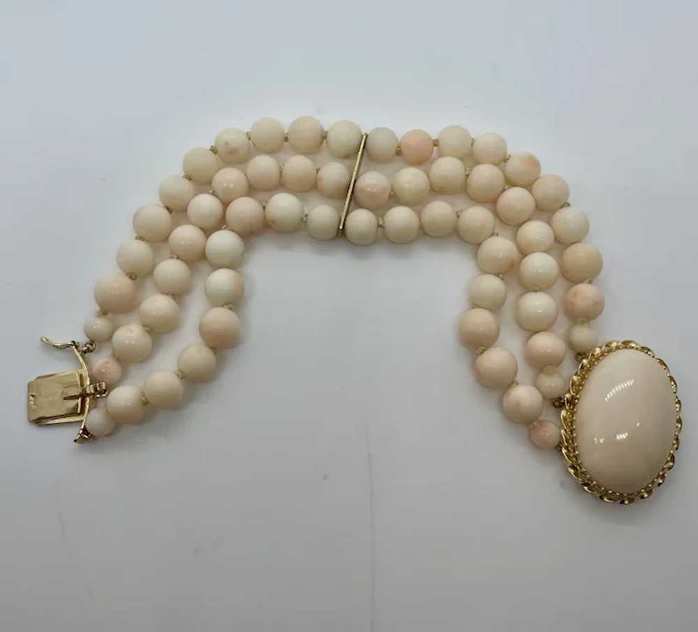 14k Gold Triple Strand Angel Skin Coral Bracelet - image 2