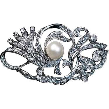 Vintage Openwork Pearl Diamond Platinum Brooch