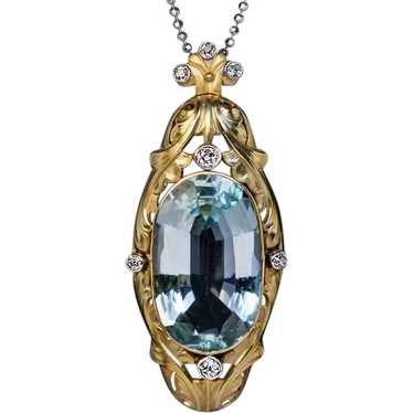 Art Nouveau Antique 20 Ct Aquamarine Diamond 14K … - image 1