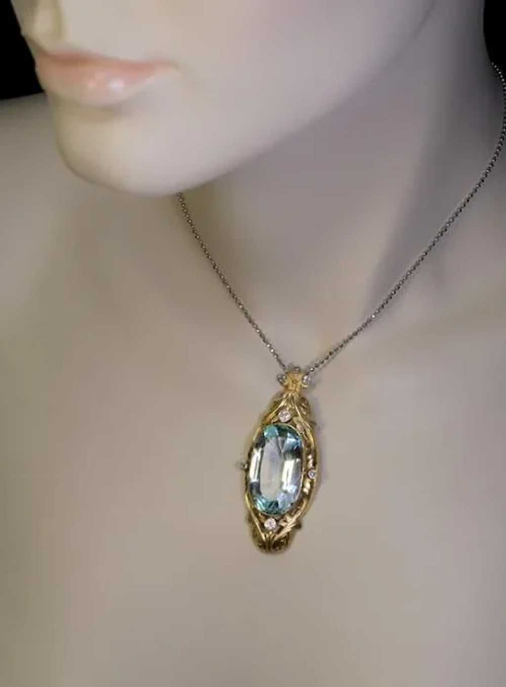 Art Nouveau Antique 20 Ct Aquamarine Diamond 14K … - image 2