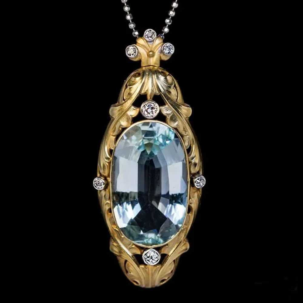 Art Nouveau Antique 20 Ct Aquamarine Diamond 14K … - image 3