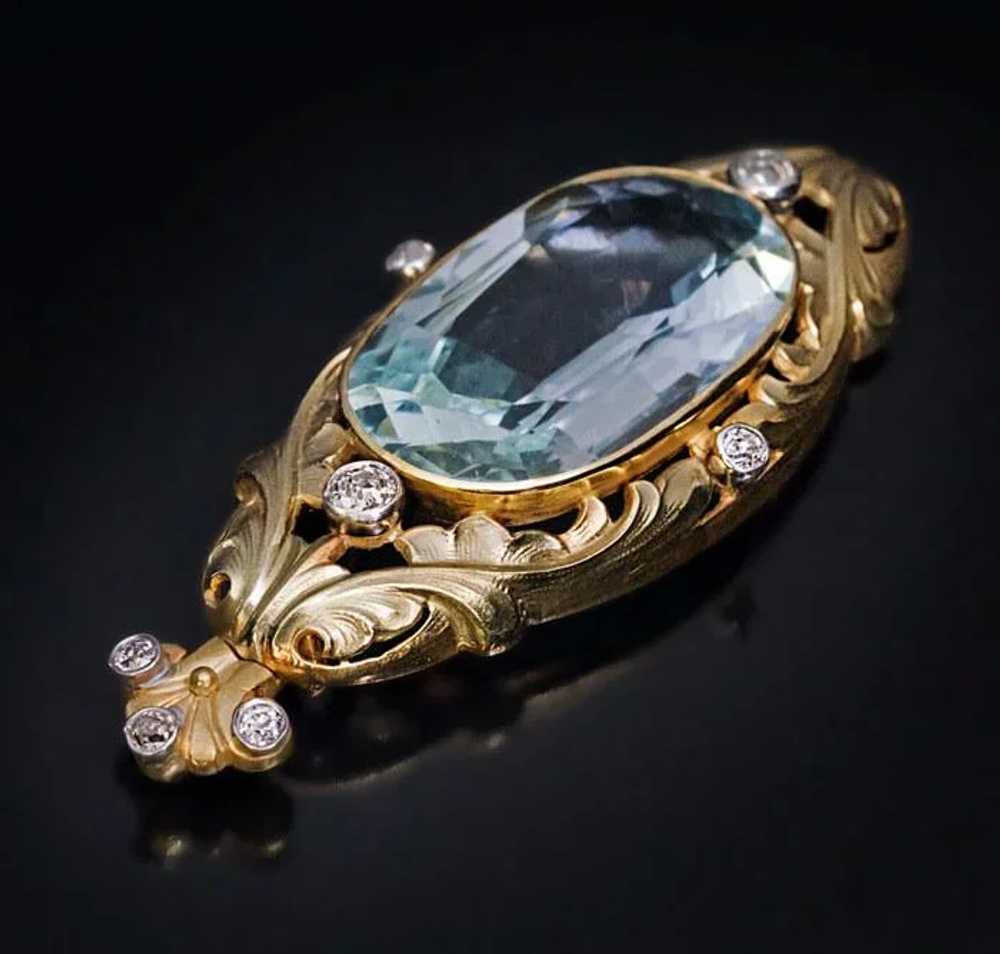 Art Nouveau Antique 20 Ct Aquamarine Diamond 14K … - image 4