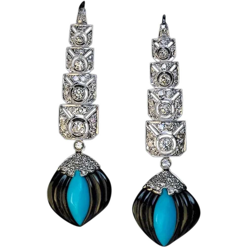 Art Deco Onyx Turquoise Diamond Platinum Earrings - image 1