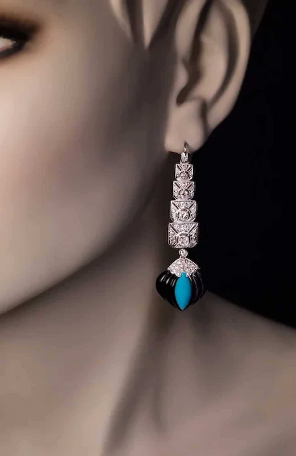 Art Deco Onyx Turquoise Diamond Platinum Earrings - image 2