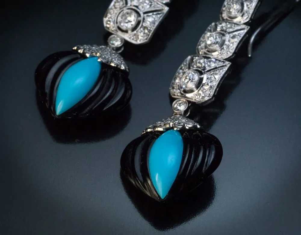 Art Deco Onyx Turquoise Diamond Platinum Earrings - image 3