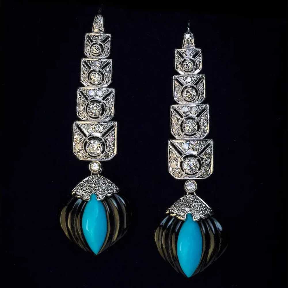 Art Deco Onyx Turquoise Diamond Platinum Earrings - image 4