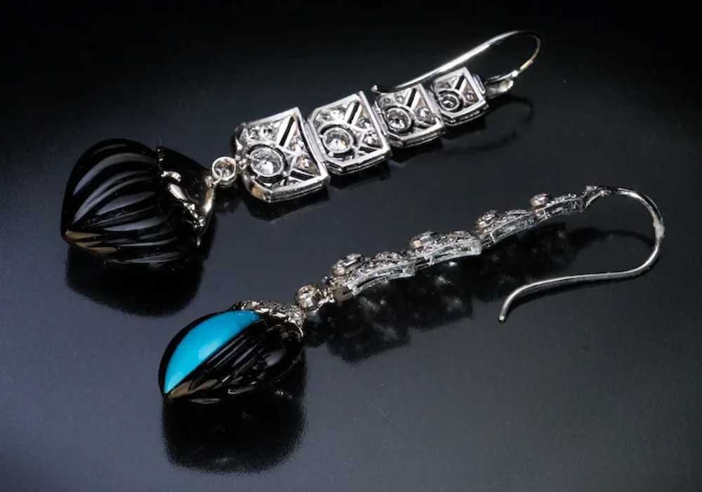 Art Deco Onyx Turquoise Diamond Platinum Earrings - image 5