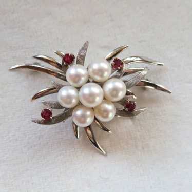 Classic 14K white gold cultured pearl and ruby br… - image 1