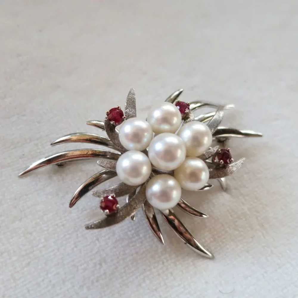 Classic 14K white gold cultured pearl and ruby br… - image 2