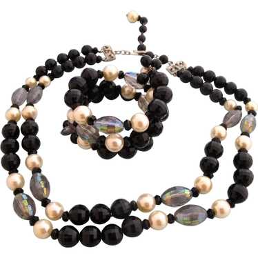 Vintage Hobe Black Bead and Faux Pearl Necklace a… - image 1