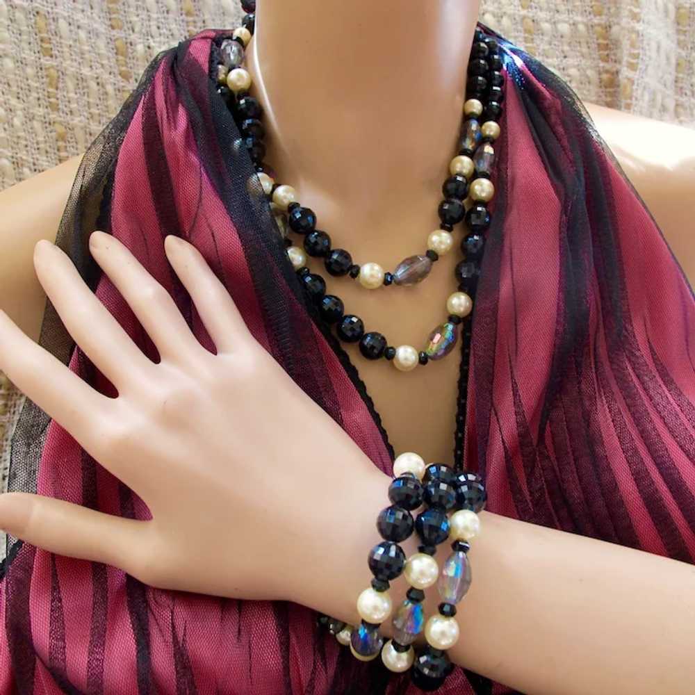 Vintage Hobe Black Bead and Faux Pearl Necklace a… - image 2