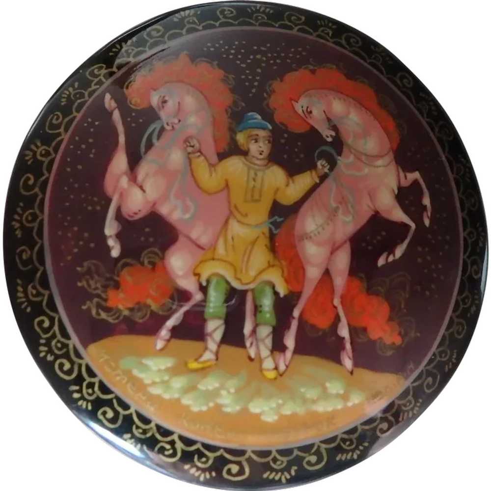 Hand-painted Russian Lacquer Brooch Two Horses - image 1
