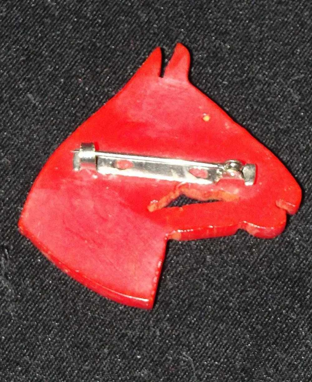 Vintage Red Bakelite Hand Carved Horse Head Brooch - image 2