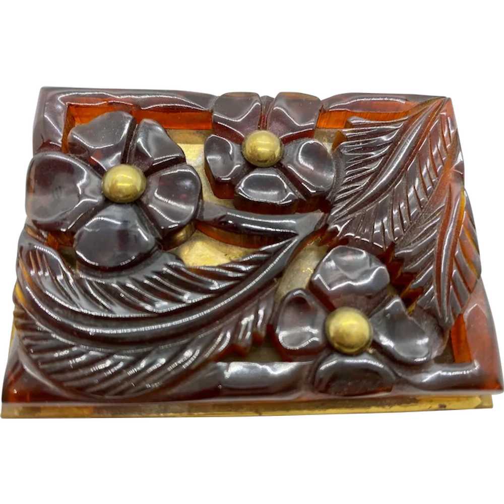 Unique Rectangular Carved Bakelite Floral Pin Brooch Gem