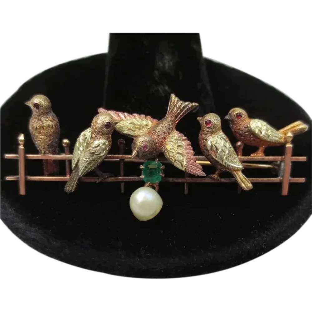 Delightful 14K Gold Antique Bird Brooch with Emer… - image 1