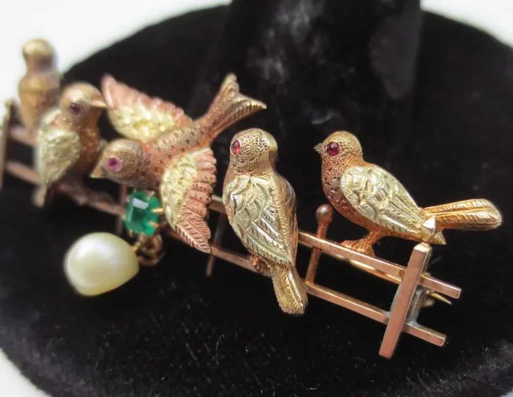 Delightful 14K Gold Antique Bird Brooch with Emer… - image 2