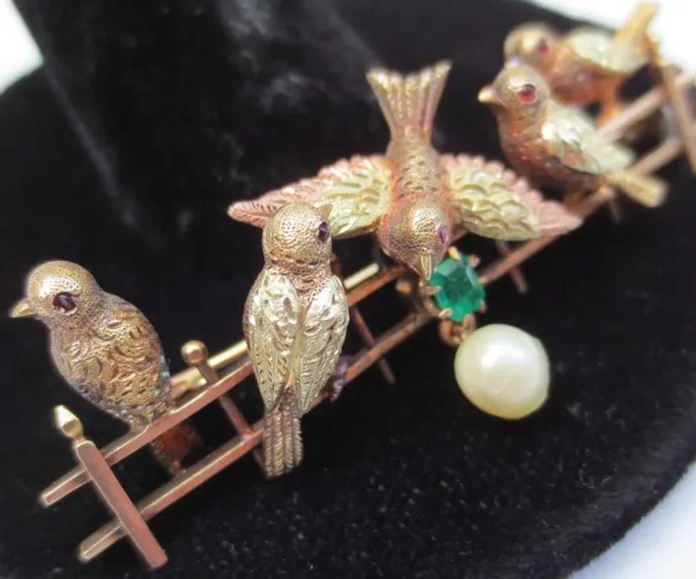 Delightful 14K Gold Antique Bird Brooch with Emer… - image 3