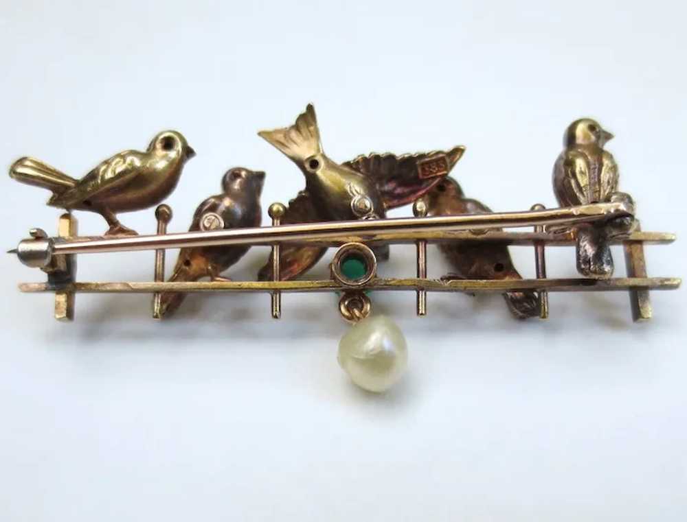 Delightful 14K Gold Antique Bird Brooch with Emer… - image 9