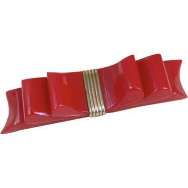Bakelite Pin Ribbon Bow Cherry Red Color c1940’s - image 1