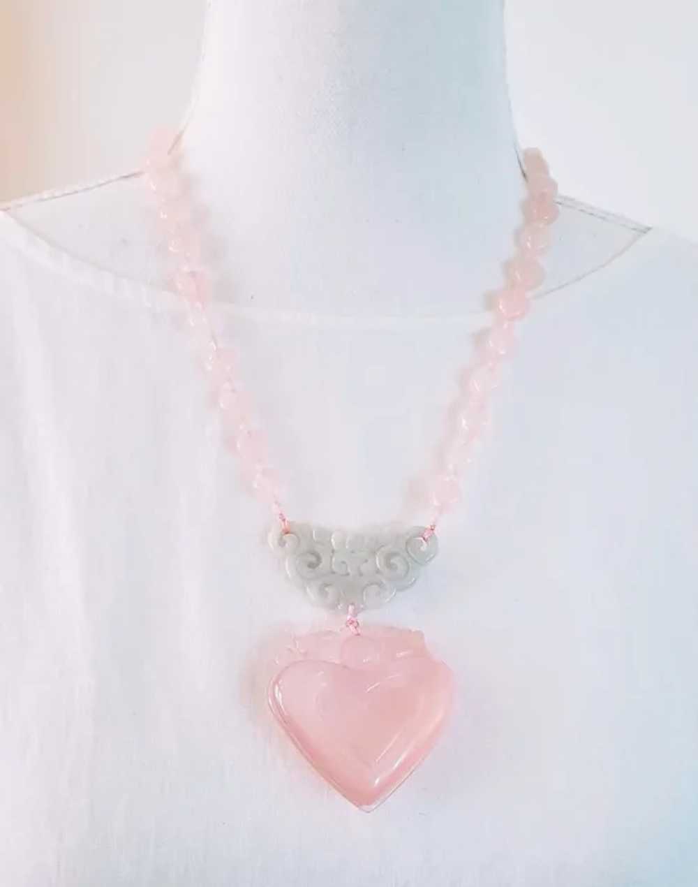 14 Carved Rose Quartz Heart Pendant and Jadeite, … - image 2