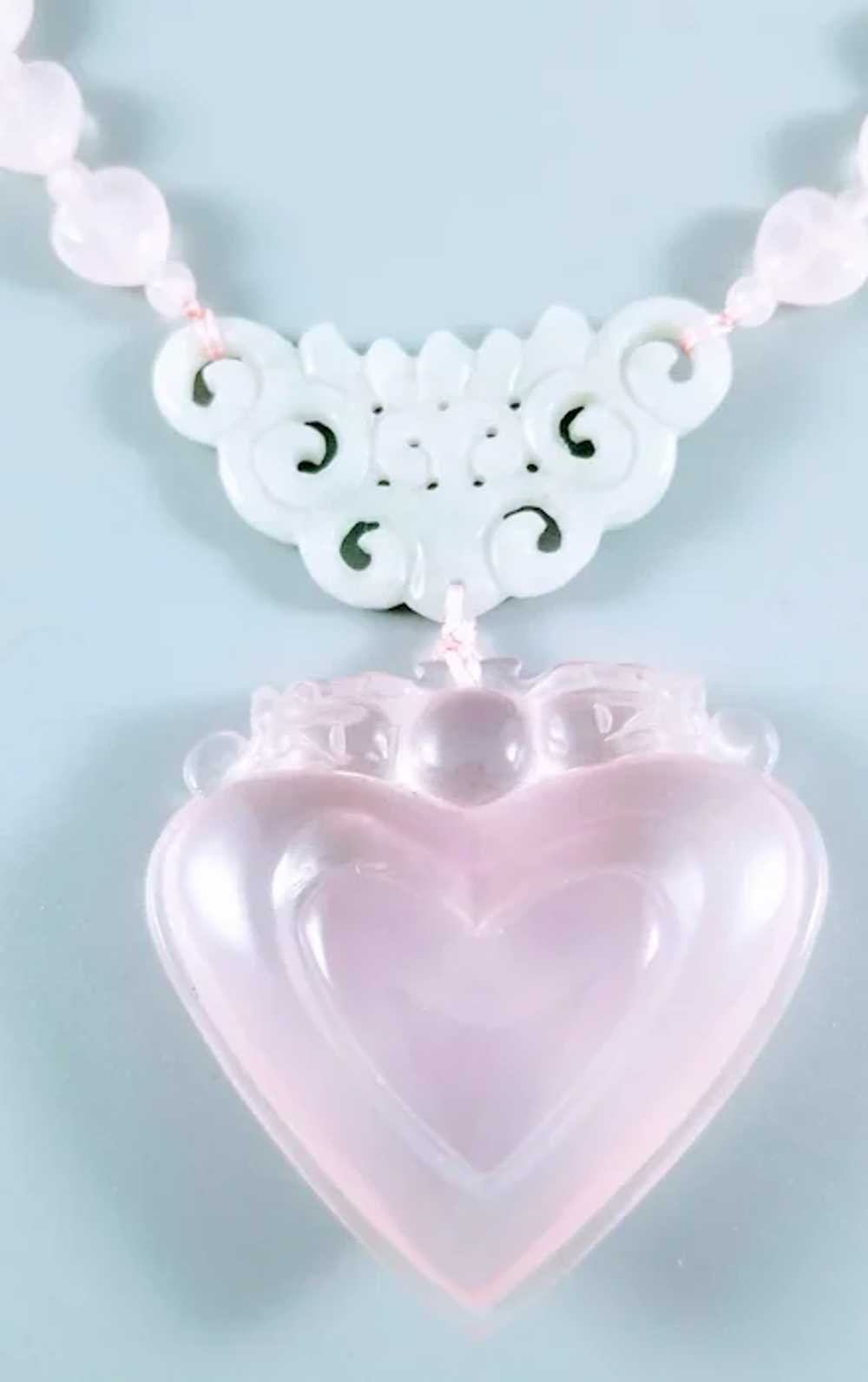 14 Carved Rose Quartz Heart Pendant and Jadeite, … - image 3