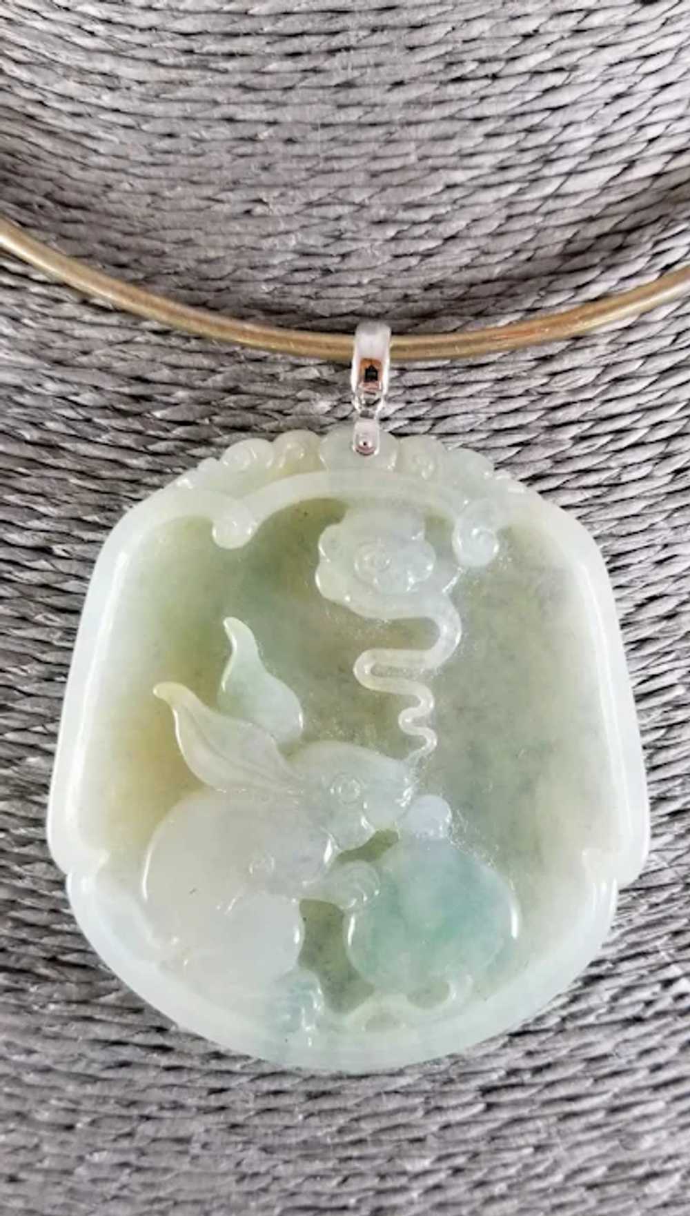 18K Carved AAA Jadeite Pendant - Rabbit and Peach - image 3