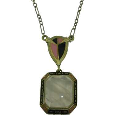 14K Art Deco Rose Quartz Enamel Necklace