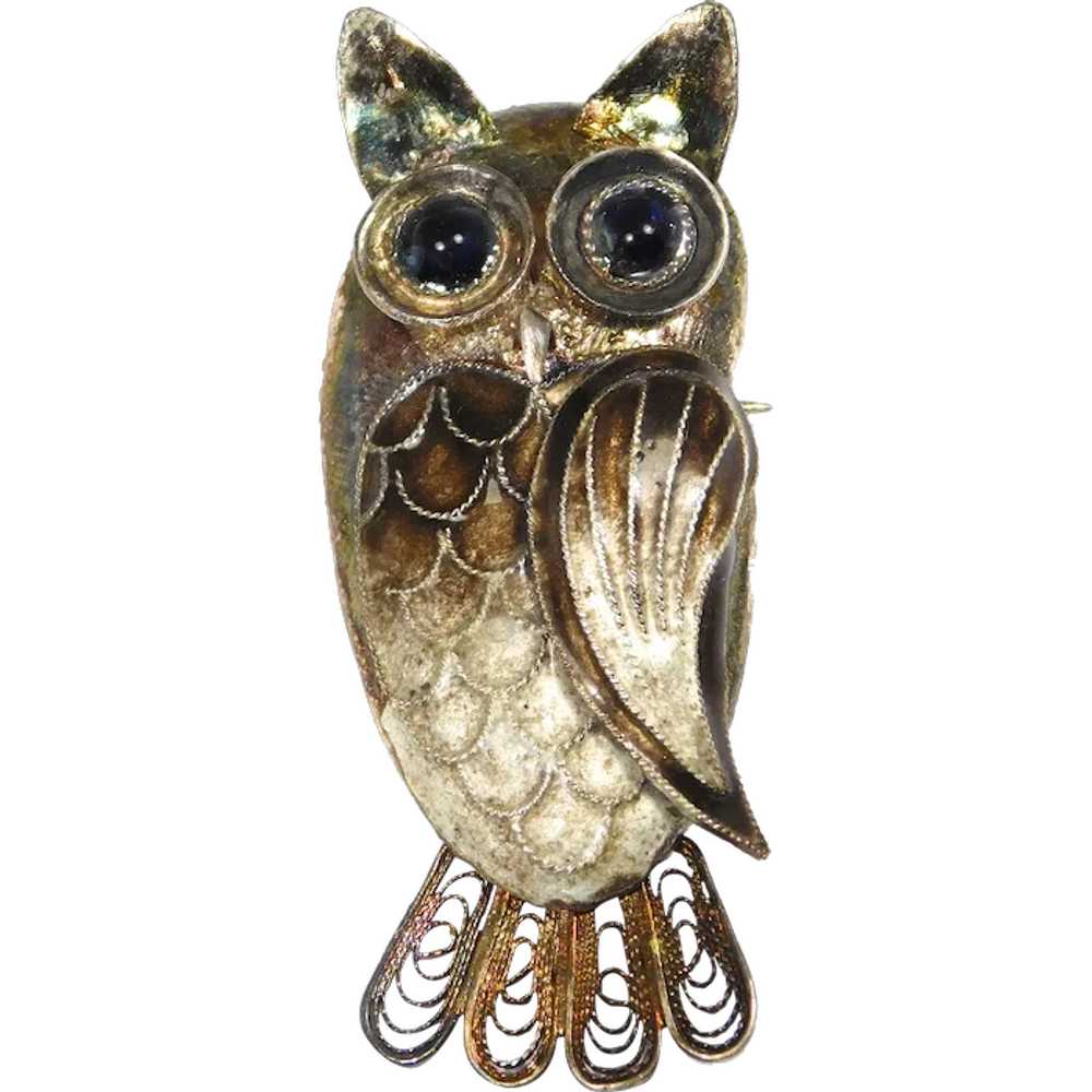 Darling Silver Enamel Cloisonne Filigree Owl Brooch - Gem