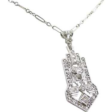 Architectural Deco Diamond Platinum Necklace c. 1… - image 1