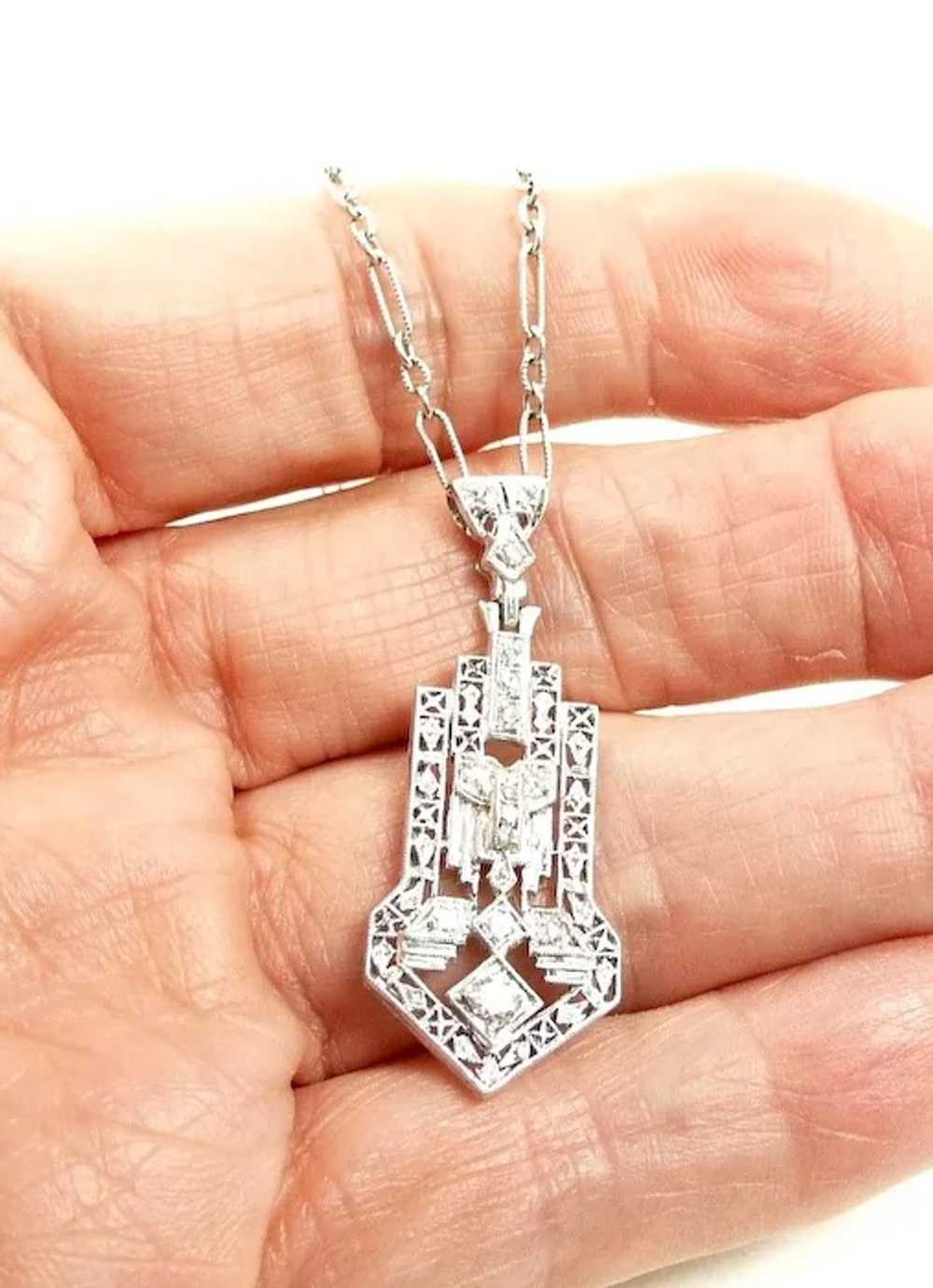 Architectural Deco Diamond Platinum Necklace c. 1… - image 4