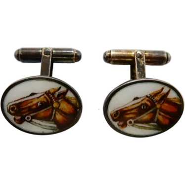 Vintage Cufflinks Enamel Horse Portrait