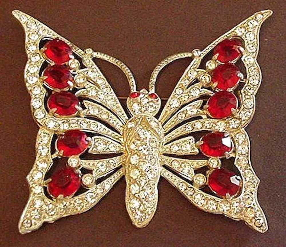 Huge Pot Metal Ruby Red Rhinestone Butterfly Pin - image 1