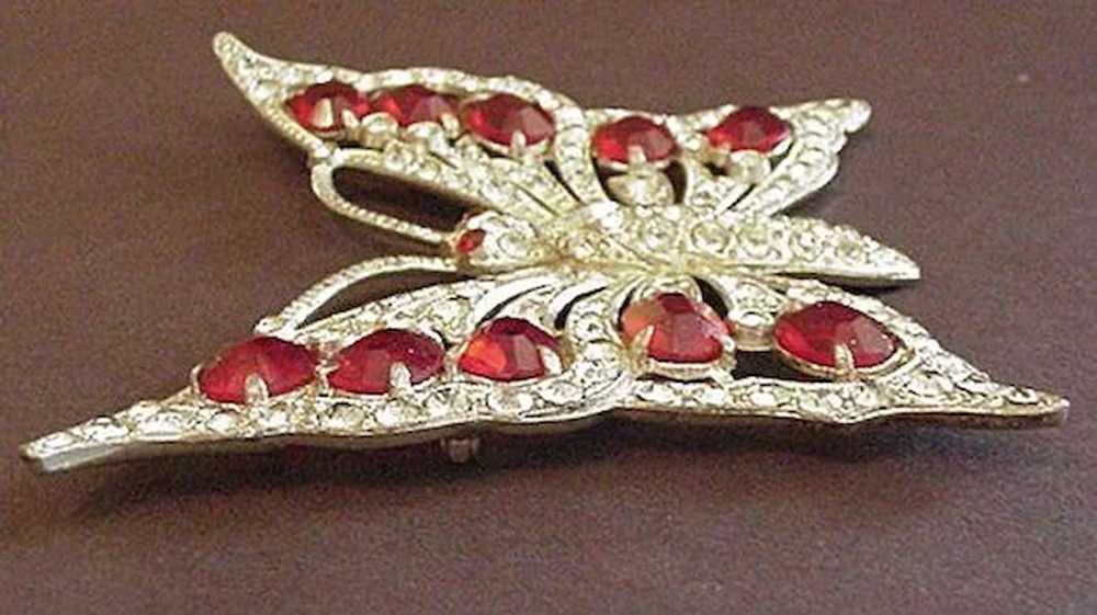 Huge Pot Metal Ruby Red Rhinestone Butterfly Pin - image 2