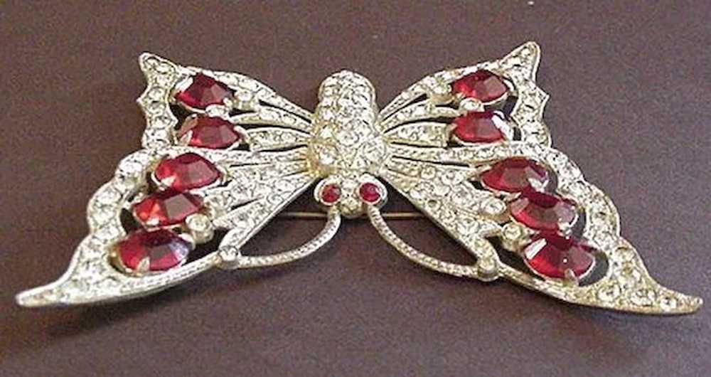 Huge Pot Metal Ruby Red Rhinestone Butterfly Pin - image 3