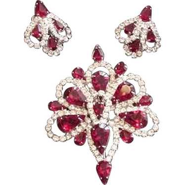 Ruby Red Rhinestone Pin and Earrings