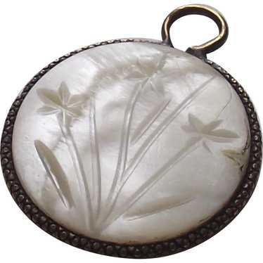 Vintage Mother of Pearl Coin Charm with Flower En… - image 1
