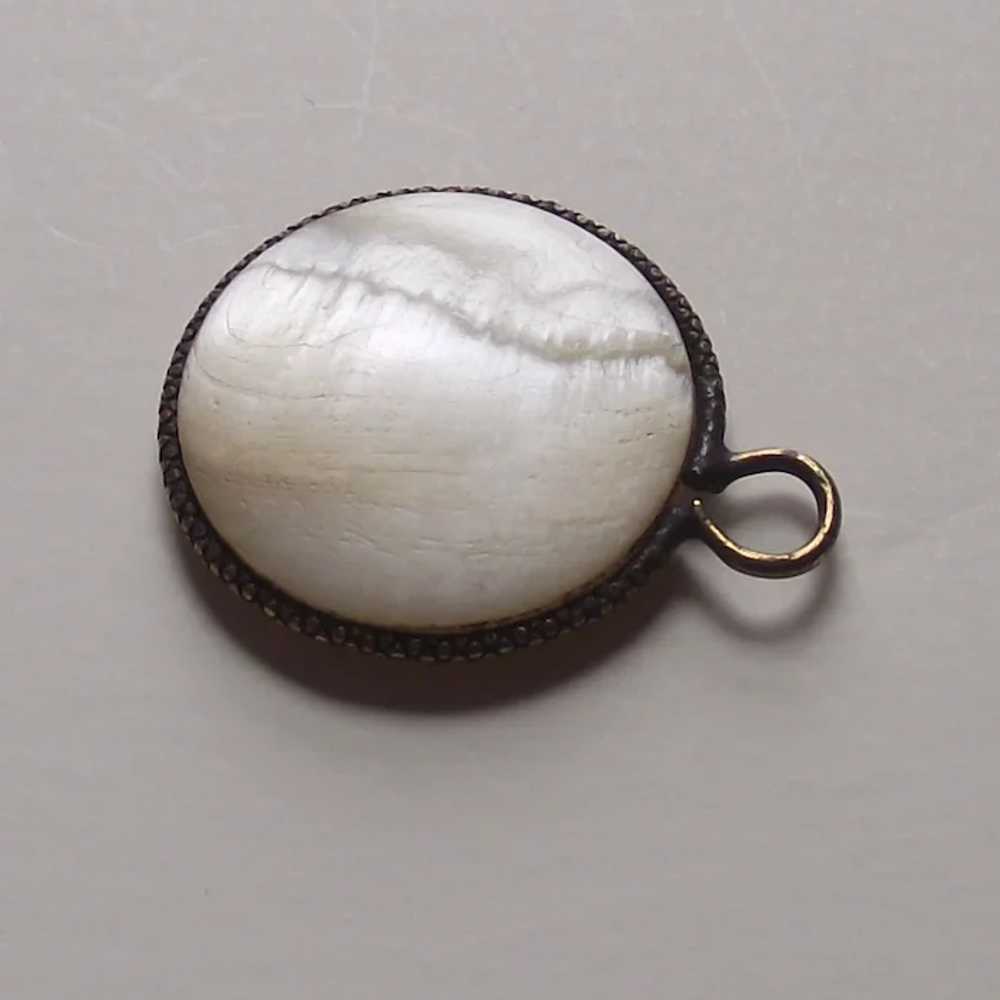 Vintage Mother of Pearl Coin Charm with Flower En… - image 2
