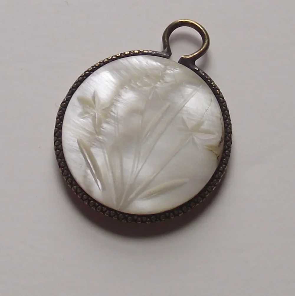 Vintage Mother of Pearl Coin Charm with Flower En… - image 3