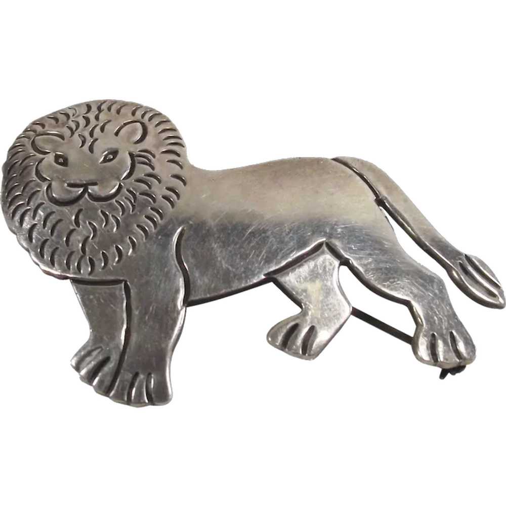 Mexican Sterling Lion Figural Brooch  Artist Sign… - image 1